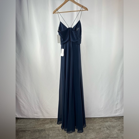 NWT Jenny Yoo Inesse Chiffon V Neck Maxi Dress in Navy Blue Size 2 - Picture 10 of 12